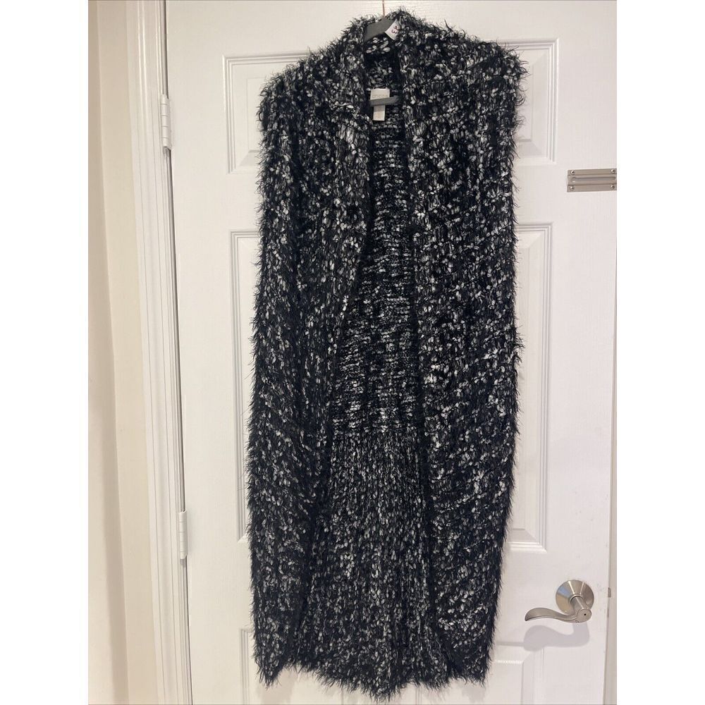 Chico's Cardigan Vest Sleeveless Fringe Size 3 XL  16 Black & White Cozy Holiday